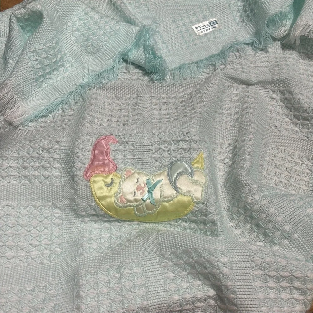 Vintage Light Baby Blanket Pastel Bear Sleeping on Moon Blue Fringe Blue Yellow